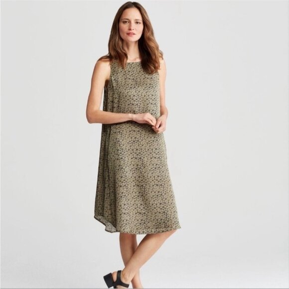 Eileen Fisher Mosaic Print Olive green Silk cotton blend  flowy midi dress XXS - Picture 1 of 10
